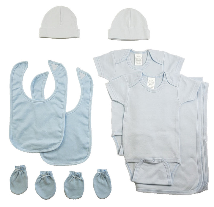 Boys 9 Piece Blue Onesie with Bib, Hat and Mittens Set Emerald Clover