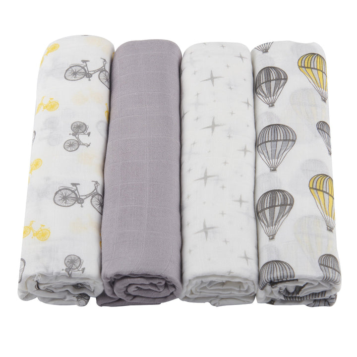 100% Natural Bamboo Muslin Swaddle 4PK - Traveler Theme Lavender Charlie