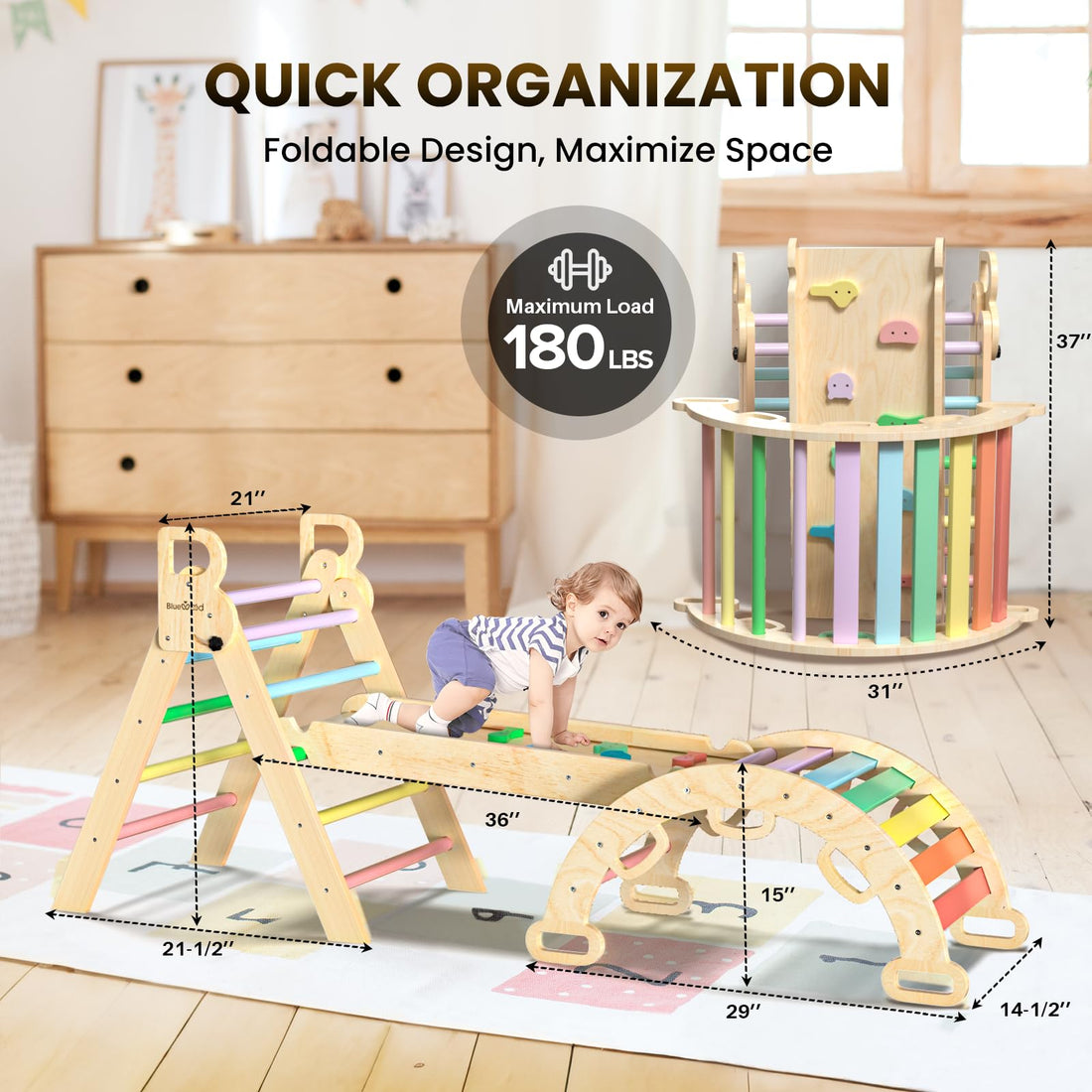 BlueWood Pikler Triangle Set 7in1 Foldable Baby Climbing Toys Wooden Montessori Climbing Set with Arch&Ramp&Ladder Baby Climber Indoor Jungle Gyms for Toddlers Montessori Toys - Rainbow BlueWood