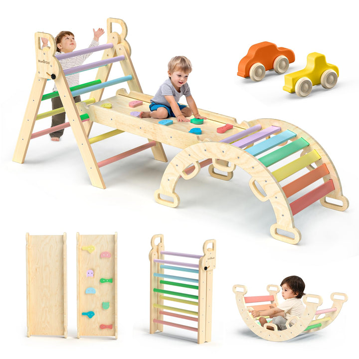 BlueWood Pikler Triangle Set 7in1 Foldable Baby Climbing Toys Wooden Montessori Climbing Set with Arch&Ramp&Ladder Baby Climber Indoor Jungle Gyms for Toddlers Montessori Toys - Rainbow BlueWood