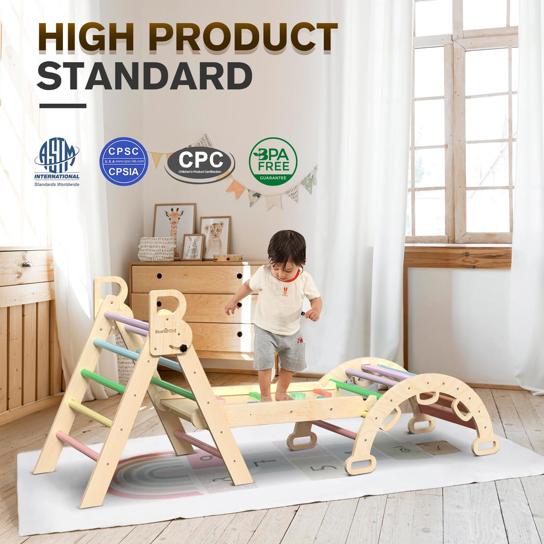 BlueWood Pikler Triangle Set 7in1 Foldable Baby Climbing Toys Wooden Montessori Climbing Set with Arch&Ramp&Ladder Baby Climber Indoor Jungle Gyms for Toddlers Montessori Toys - Rainbow BlueWood