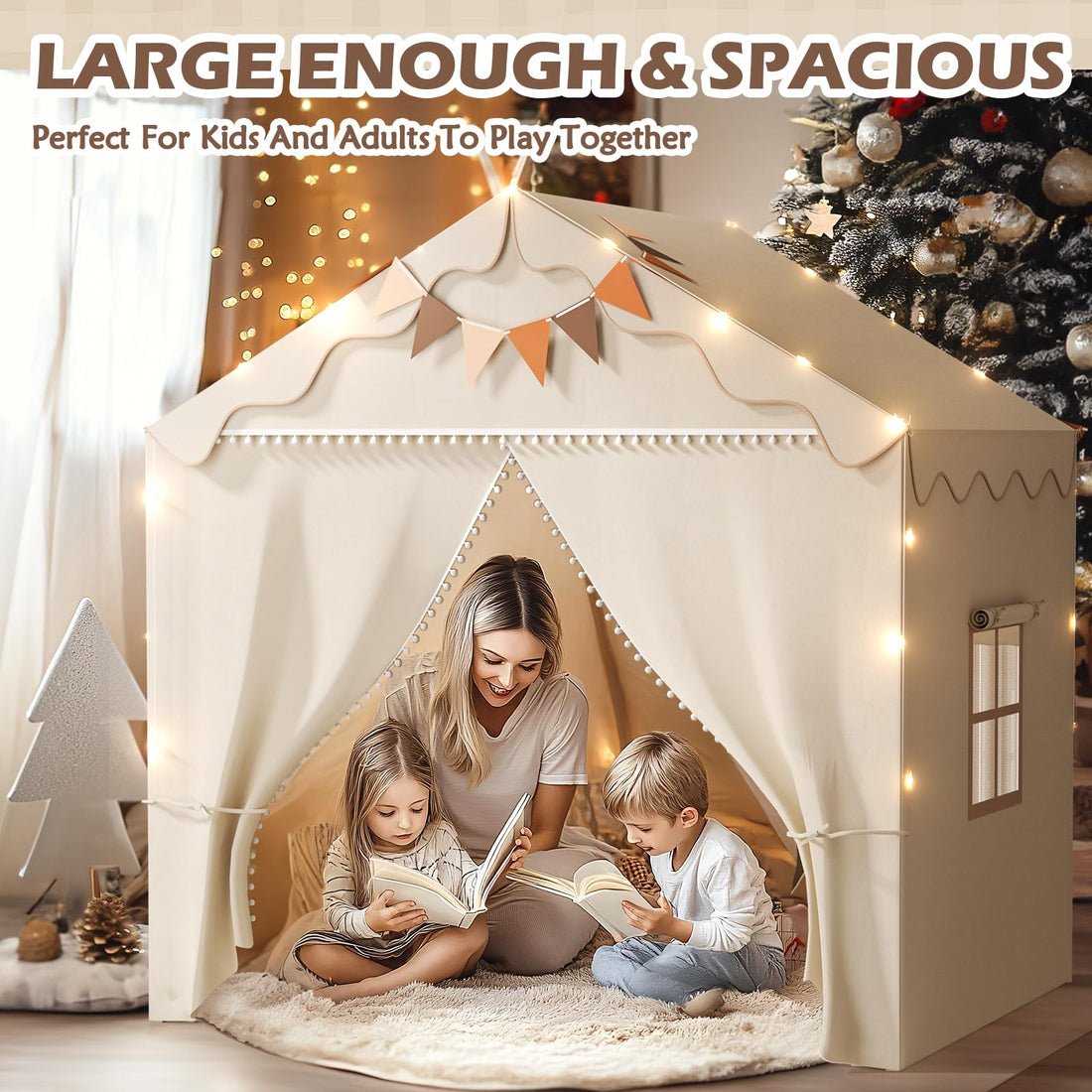 Eagelestone Play Tent, 2 in 1 Kids Tent with Padded Mat and Light, Large Playhouse for Kids Outdoor & Indoor, 2 Doors Kids Play Tent with 4 Windows，51" x39" x 53" Toddler Tent for Kids EagleStone