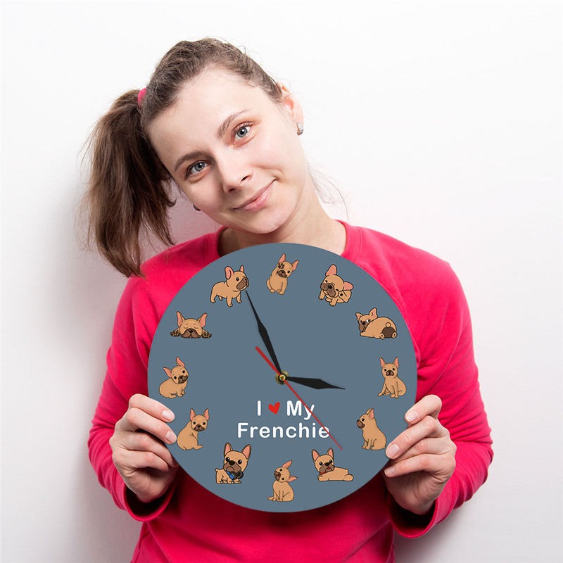 French Bulldog Printed Wall Clock Backlight Pet Shop Dog Breed Decor I Love My Frenchie Puppy Silent Non-ticking Clock eprolo